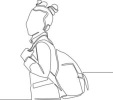 Single continuous line drawing of Portrait of schoolgirl with bag and hair in two ponytail. End of school. Education concept one line draw design vector illustration.