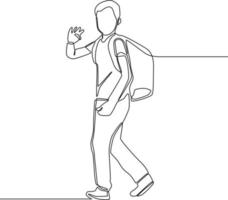Single continuous line drawing of schoolboy with bag waving his hand to go to school. back to school. Education concept one line draw design graphic vector illustration.