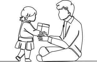 Continuous one line drawing of girl child giving present to her father. Father is superhero. Happy father's day. Single line draw design vector graphic illustration.