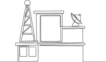 Single continuous line drawing telecommunication tower and satellite dish on the building. One line draw graphic design vector illustration.