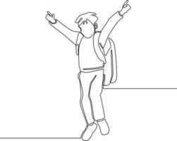 Single continuous line drawing of Happy schoolboy is happy about end of school year. boy with school bag and jump. End of school. Education concept one line draw design graphic vector illustration.