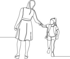 Single continuous line drawing of schoolgirl with mom go to home from school. End of school. Education concept one line draw design graphic vector illustration.