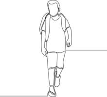 Single continuous line drawing of school boy walking with bag to his home. End of school. Education concept one line draw design graphic vector illustration.