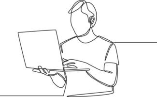 Continuous one line drawing Young student standing and holding with his laptop for assignment in school. Single line draw design vector graphic illustration.
