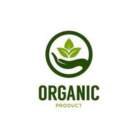 logotipo de producto orgánico natural con plantilla de diseño de mano y hoja vector