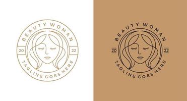 beauty woman long hair logo for salon or cosmetic product with line art style and badge emblem design vector