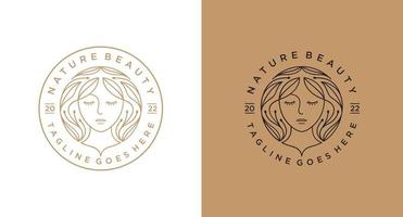 beauty woman long hair logo for salon or cosmetic product with line art style badge, emblem design vector
