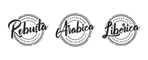 conjunto de letras manuscritas del logotipo de grano de café robusta arabica liberica con plantilla de vector de diseño de emblema de insignia de etiqueta