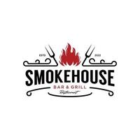 Vintage bbq barbecue barbeque bar and grill logo design with fork and fire design template