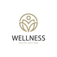 Wellness Logo. Gold Linear Style Leaf and People Combination isolated on White Background. Usable for Nature, Cosmetics, Healthcare and Beauty Logos. Flat Vector Logo Design Template Element