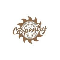hand lettering carpentry woodwork logo with saw blade and wood vector design template