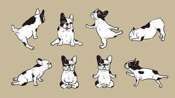 lindo bulldog francés yoga pose namaste ejercicio con 8 poses vector