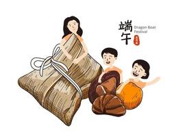 familia feliz con bola de masa de arroz, zongzi para celebrar el festival del bote del dragón vector