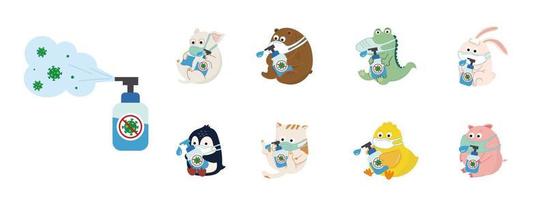 Cute cartoon animals wearing medicine mask corona virus prevention measures set, Sanitizer, antiseptic, stay at home, wash hands, wear face mask, disinfecting wipes, Flat vector illustration