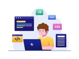 A Children Learning Coding or Computer Programming Flat Illustration. Coding For Kids. Basic Computer Programing. Can be used for web, landing page, social media, promotion, etc.