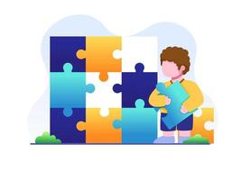 Happy Children Solve a  Jigsaw Puzzle. Preschool Children Playing Simple Puzzle.  Can be used for web, banner, flyer, presentation, etc. vector