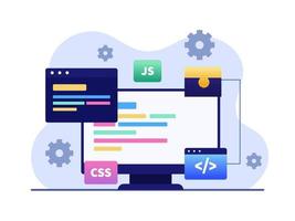 Illustration of Web Development And Coding in Computer. Screen with codes. Development process making a website. Can be used for Web, Landing Page, Animation, Presentation, etc. vector