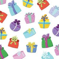 pattern from drawn gift boxes of different colors on a white background, side view and top view on boxes vector