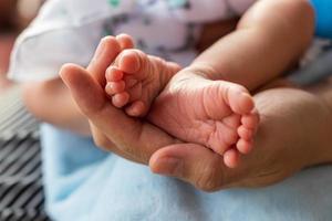 Both feet of a newborn baby child and female hand. photo