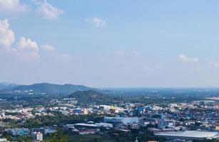 View from above, buildings with mountains and swamps. photo