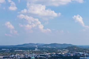 View from above, buildings with mountains and swamps. photo