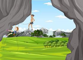 Outdoor scene with rock climber on cliff vector