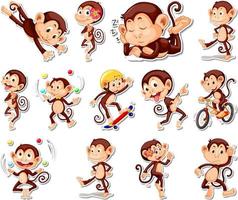 Sticker set of funny monkey cartoon characters vector