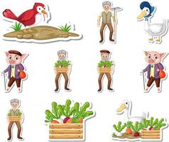 Sticker set of farm objects and farmer cartoon characters vector