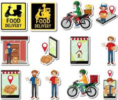 Sticker set of delivery objects and cartoon characters vector