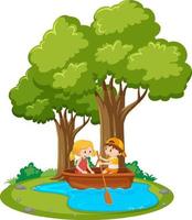 Boy and girl paddle the boat in the pond vector