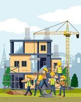 sitio de construcción de edificios con trabajadores vector