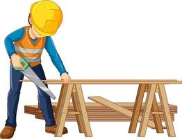 un trabajador de la construcción cortando madera vector