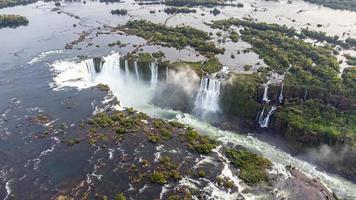 Beautiful aerial view of the Iguassu Falls from a helicopter, one of the Seven Natural Wonders of the World. Foz do Iguacu, Parana, Brazil