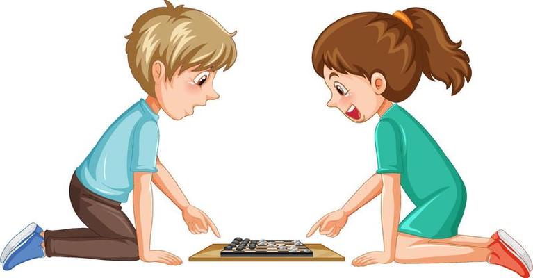 A children playing board game on white background