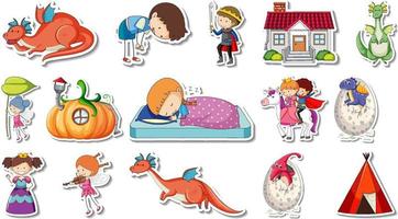 Sticker set of fantasy fairy tale cartoon characters vector