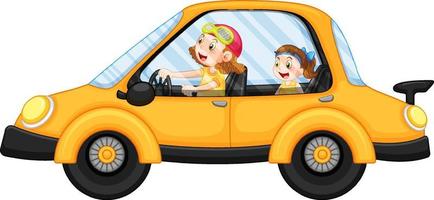 Kids in a yellow car in cartoon style vector