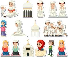 Sticker set of Islamic religious symbols and cartoon characters vector