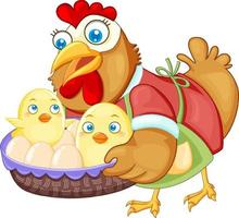 Cute chicken cartoon character holding a basket of eggs and chick vector