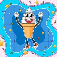 Ice cream cartoon character with retro background