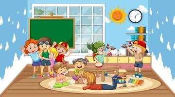 Scene of classroom with many children playing vector