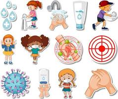 Sticker set of covid19 icons and cartoon characters vector