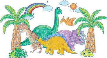 Coloured hand drawn dinosaurs group vector