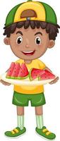 Cartoon boy holding sliced watermelon plate vector
