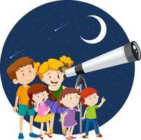 Happy kids observe night sky with telescope vector