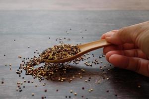 cierre la mano sosteniendo la cuchara de madera con semillas de quinua sobre el fondo de la mesa de madera. la quinua es una buena fuente de proteínas para las personas que siguen una dieta basada en plantas. foto