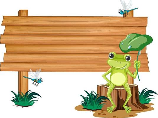 Blank wooden signboard with frogs