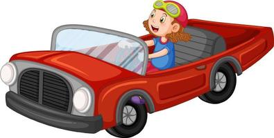 una chica conduciendo un coche antiguo en un diseño de dibujos animados vector