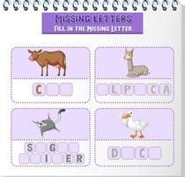 Fill the missing letter of each word worksheet for children vector