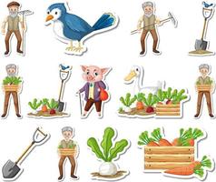 Sticker set of farm objects and farmer cartoon characters vector