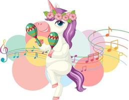 lindo unicornio morado sacudiendo maracas con notas musicales sobre fondo blanco vector